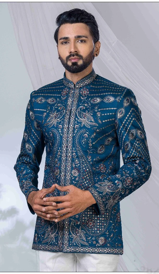 Men Imported Ethnic Wedding Sherwani Peacock blue - 13279212041