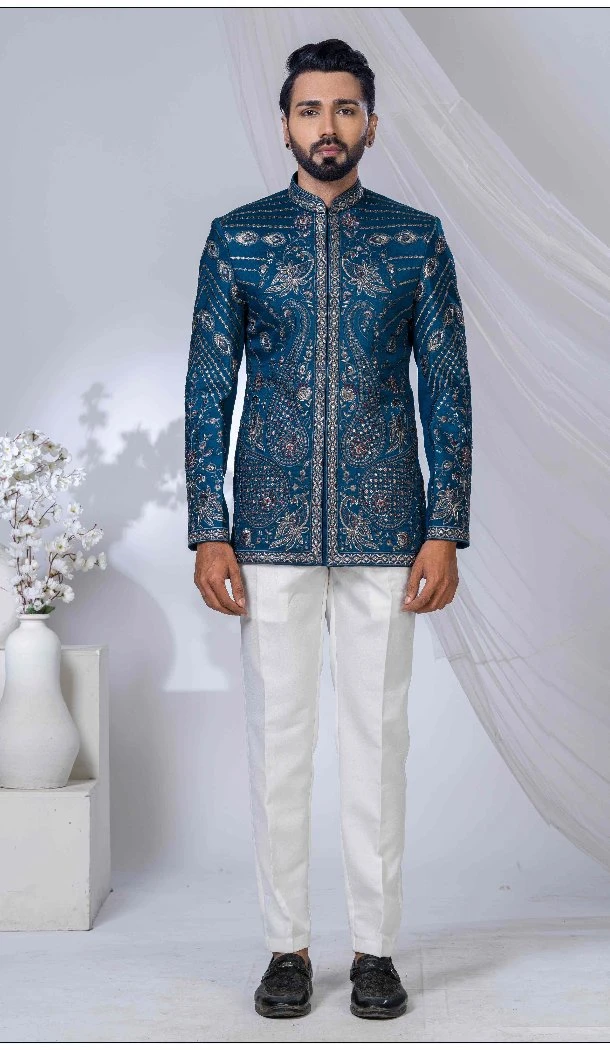 Men Imported Ethnic Wedding Sherwani Peacock blue - 13279212041