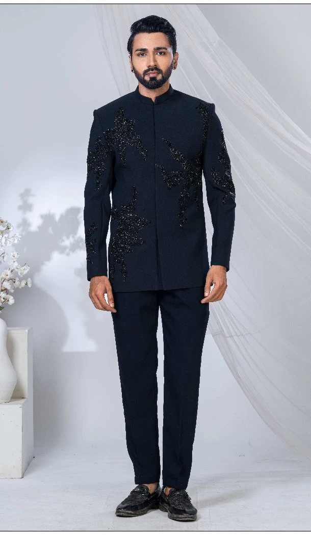 Men Imported Ethnic Wedding Sherwani Navy Blue - 13279212042