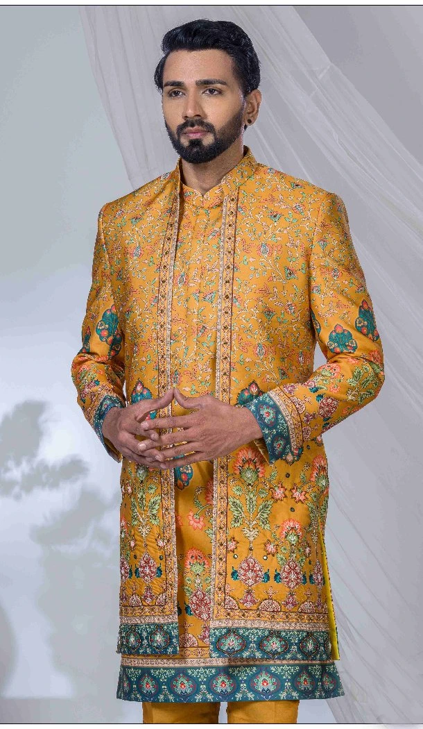 Men Imported Ethnic Wedding Sherwani Yellow - 13279212043