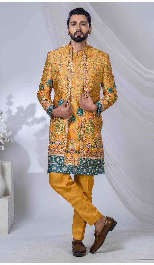 Men Imported Ethnic Wedding Sherwani Yellow - 13279212043