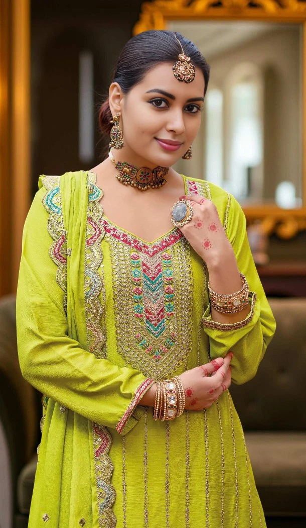 Women Perrot Green Palazzo Suit Primium Chinon Embroidery Work - 13302212231