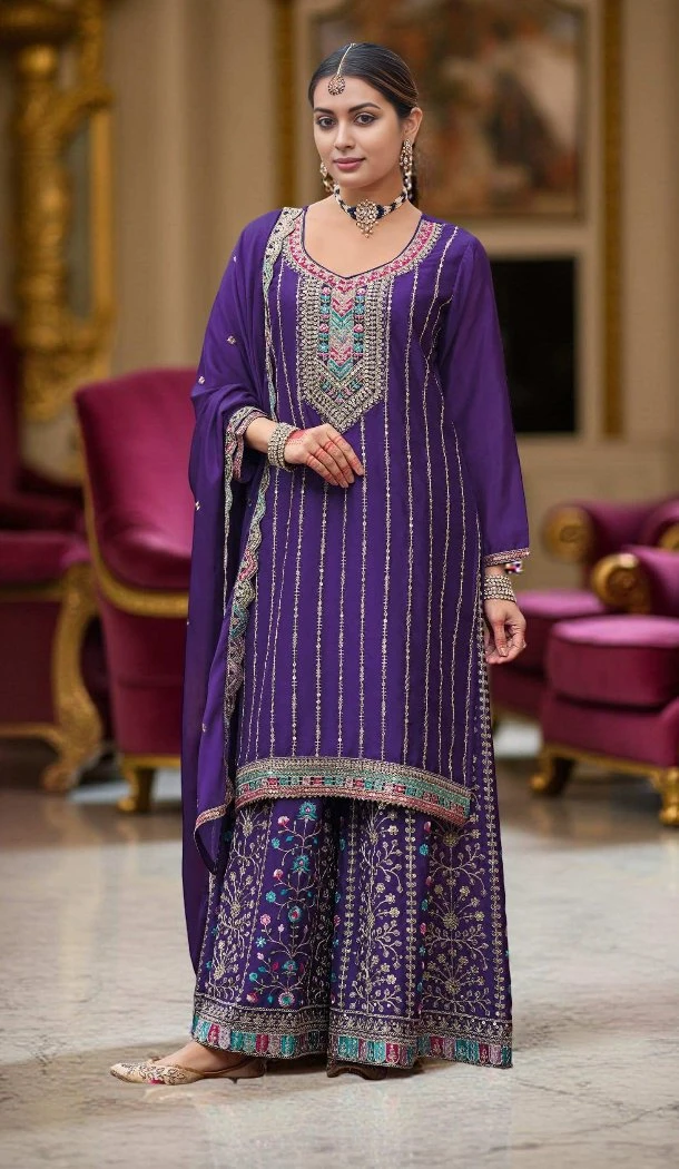 Women Primium Chinon Embroidery Work Purple Palazzo Suit - 13302212232