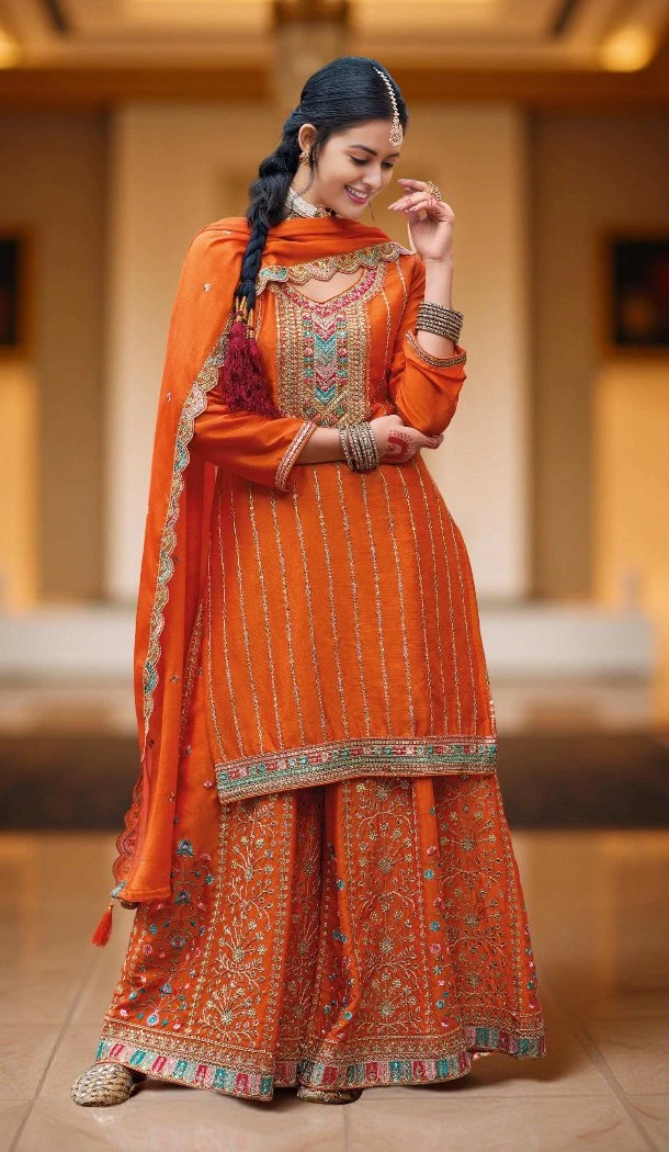 Women Palazzo Suit Orange Embroidery Work Primium Chinon - 13302212233