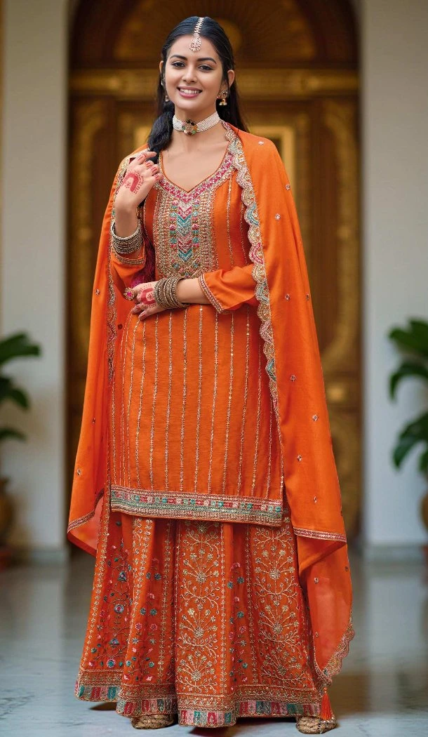 Women Palazzo Suit Orange Embroidery Work Primium Chinon - 13302212233