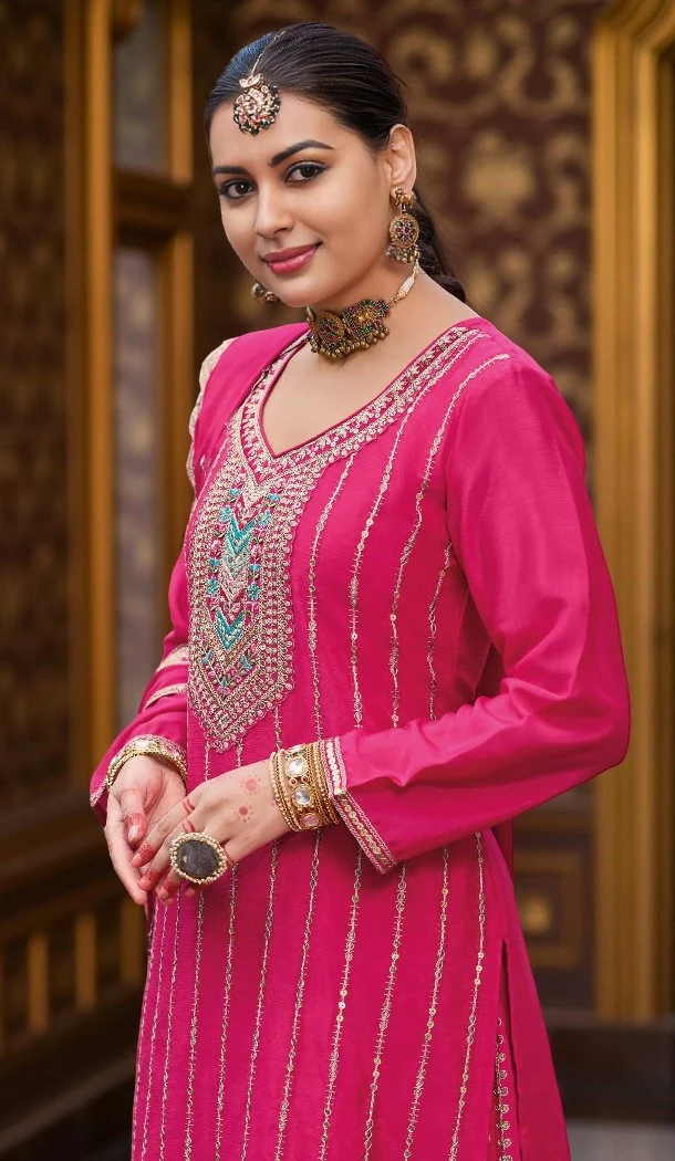 Women Pink Palazzo Suit Embroidery Work Primium Chinon - 13302212234