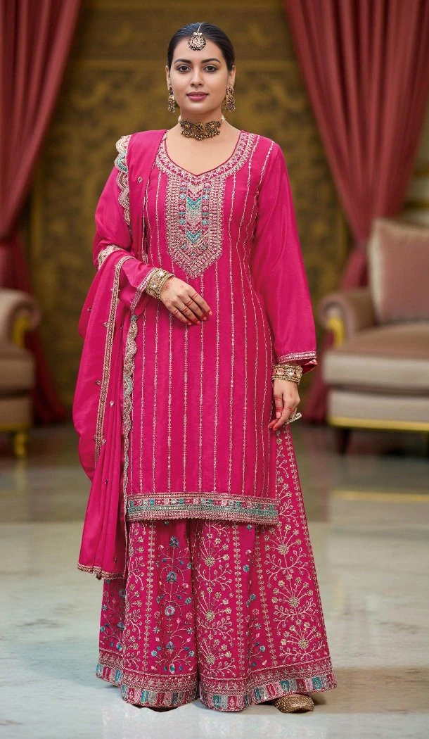 Women Pink Palazzo Suit Embroidery Work Primium Chinon - 13302212234