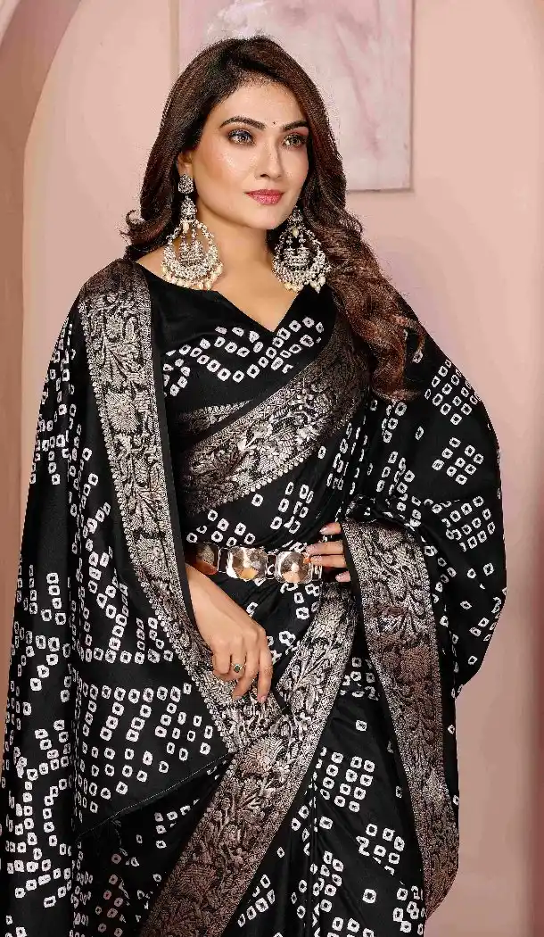 Women Black Print Pure Bandhej Silk Bandhni Saree - 13329212348