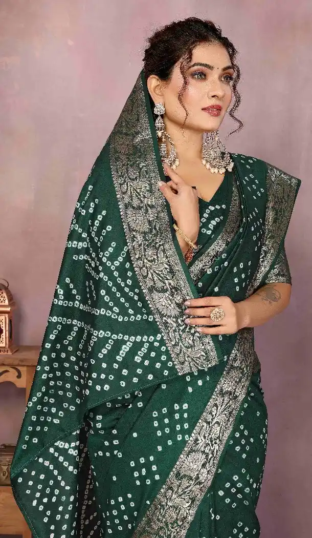 Women Bandhni Saree Pure Bandhej Silk Print Green - 13329212350