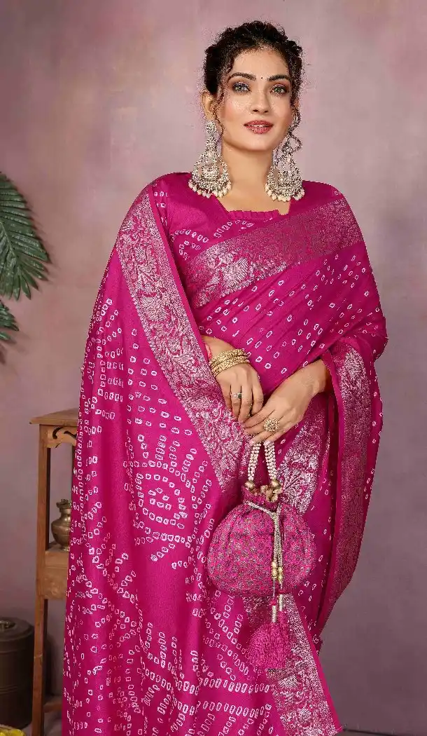 Women Bandhni Saree Pink Print Pure Bandhej Silk - 13329212352