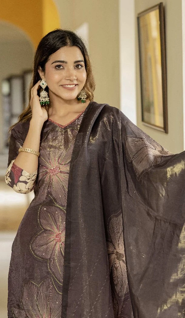 Women Party Wear Salwar Suit Silk Digital Print Brown - 13336212396