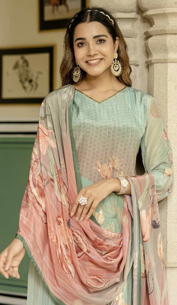 Women Silk Party Wear Salwar Suit Digital Print Mint Green - 13336212397