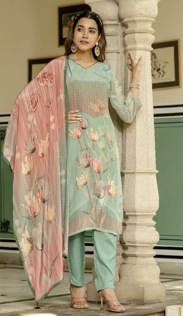Women Silk Party Wear Salwar Suit Digital Print Mint Green - 13336212397