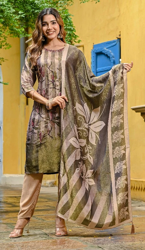 Women Digital Print Silk Cream Party Wear Salwar Suit - 13336212398