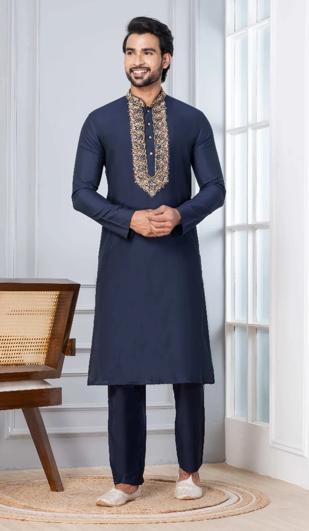 Men Navy Blue Kurta Pajama Plain Cotton - 13334212381