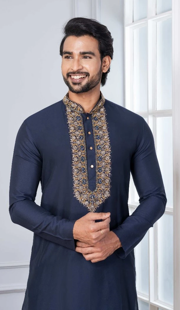 Men Navy Blue Kurta Pajama Plain Cotton - 13334212381