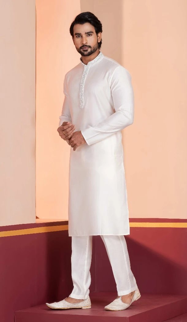 Men White Cotton Kurta Pajama Plain - 13334212382