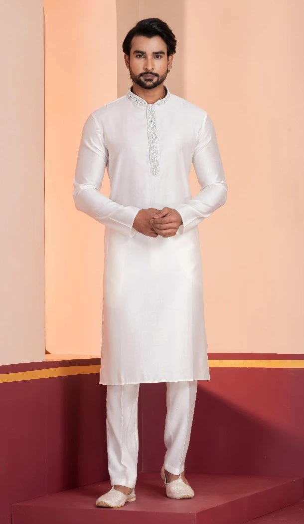Men White Cotton Kurta Pajama Plain - 13334212382