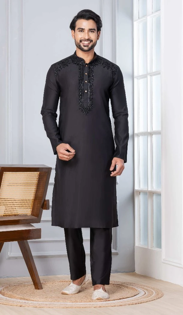 Men Black Plain Kurta Pajama Cotton - 13334212383