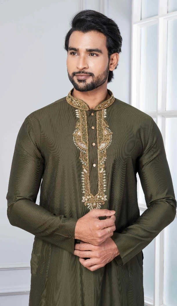 Men Kurta Pajama Cotton Plain Mahendi - 13334212384