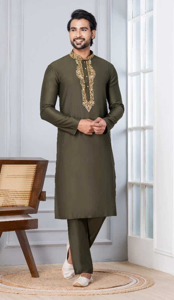 Men Kurta Pajama Cotton Plain Mahendi - 13334212384