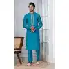 Men Kurta Pajama Teal Blue Plain Cotton Plus Size