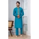 Men Kurta Pajama Teal Blue Plain Cotton - 13334212385