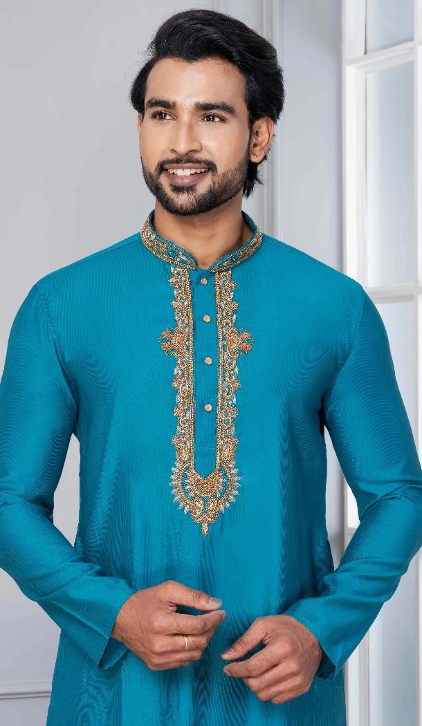 Men Kurta Pajama Teal Blue Plain Cotton - 13334212385