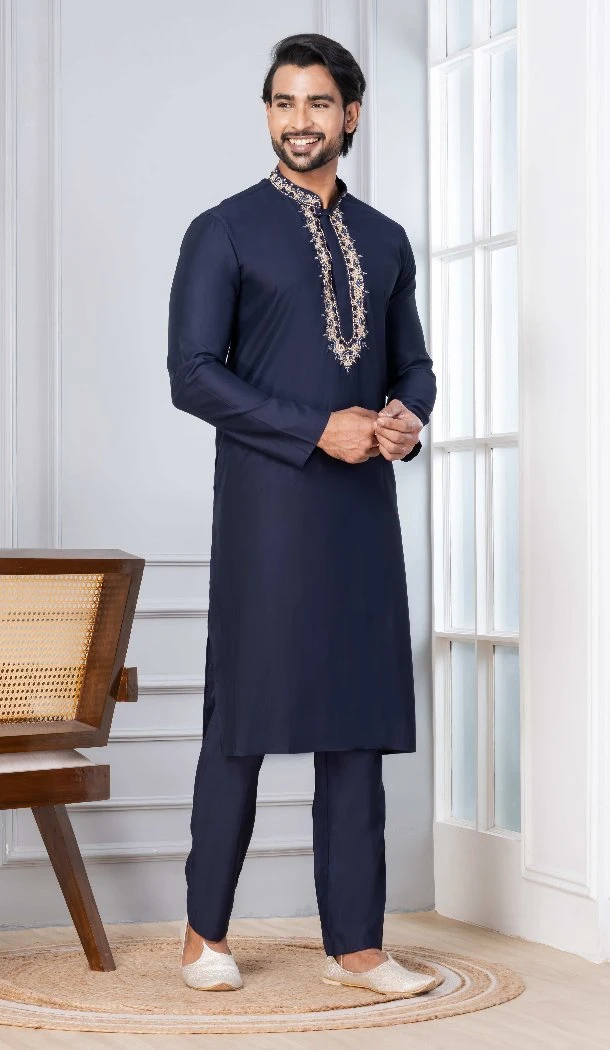 Men Kurta Pajama Cotton Navy Blue Plain - 13334212387