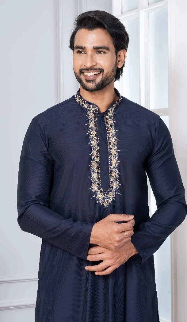 Men Kurta Pajama Cotton Navy Blue Plain - 13334212387