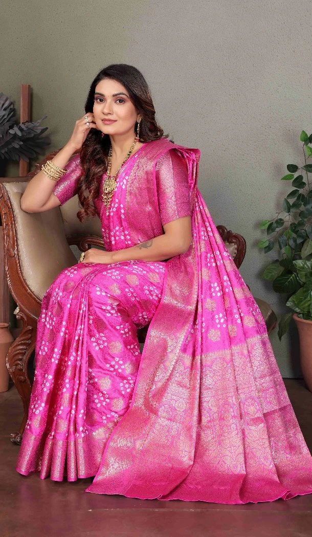 Women Bandhej Silk Print Pink Traditional Wear Saree - 13345212427