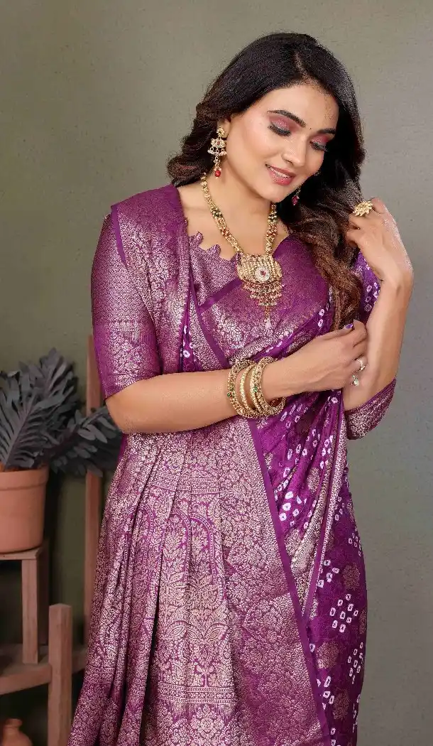 Women Print Traditional Wear Saree Purple Bandhej Silk - 13345212428