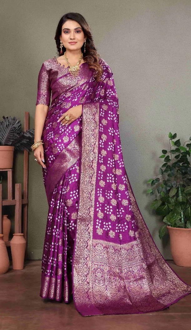 Women Print Traditional Wear Saree Purple Bandhej Silk - 13345212428