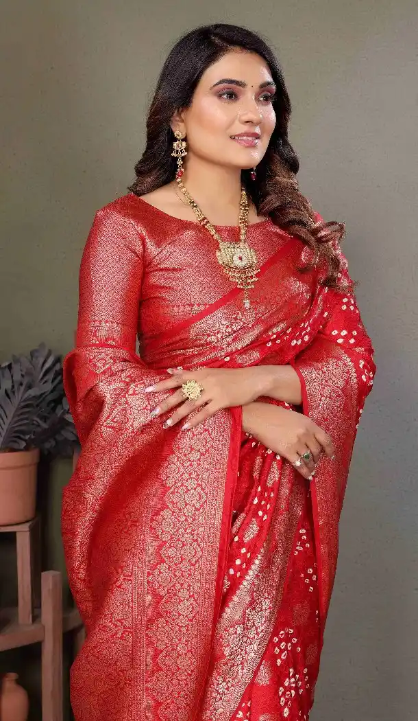 Women Bandhej Silk Print Red Traditional Wear Saree - 13345212429