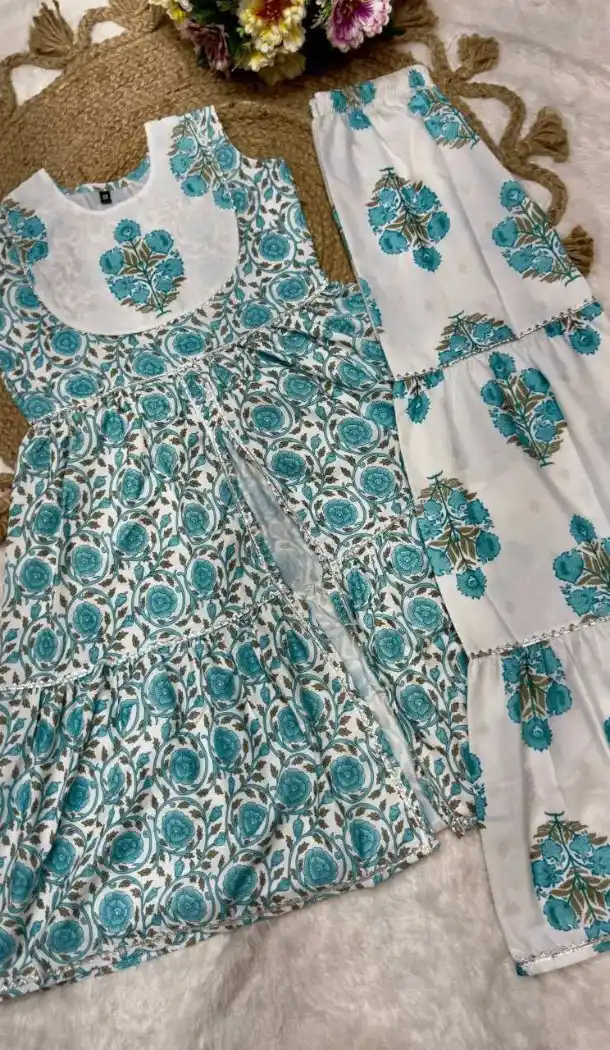 Blue Cotton Printed Work Kids Wear Kurta Sharara - 13453212926