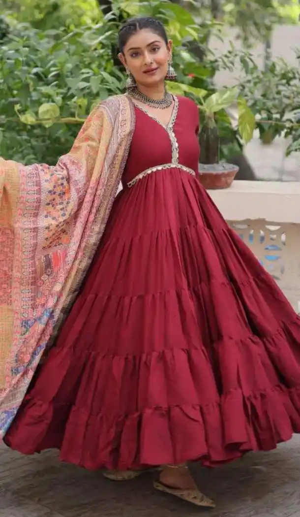 Women Gown Maroon Roman Mirror Lace & Dori Jal Lace Work - 13459212958