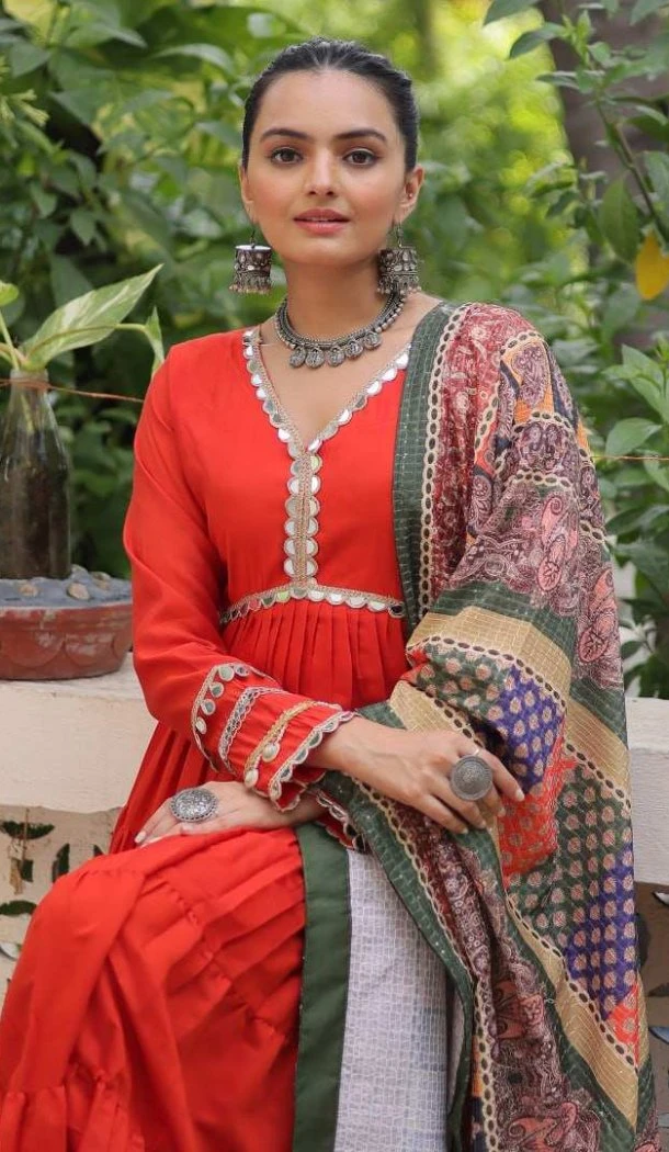 Women Mirror Lace & Dori Jal Lace Work Roman Gown Orange - 13459212959