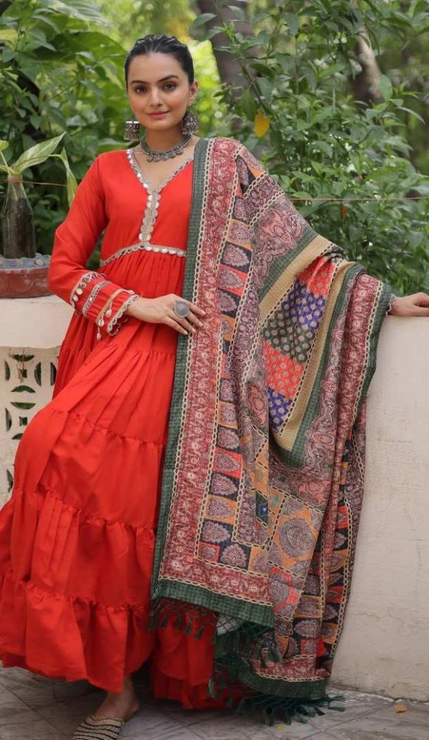 Women Mirror Lace & Dori Jal Lace Work Roman Gown Orange - 13459212959