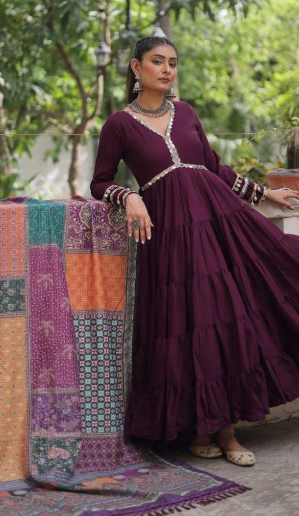 Women Mirror Lace & Dori Jal Lace Work Wine Roman Gown - 13459212960