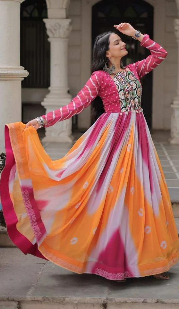 Women Embroidery Mirror Work Multi Gown Faux Georgette Bandhej - 13460212963