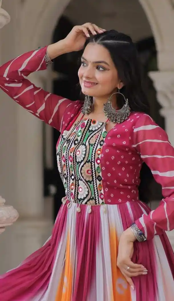 Women Embroidery Mirror Work Multi Gown Faux Georgette Bandhej - 13460212963