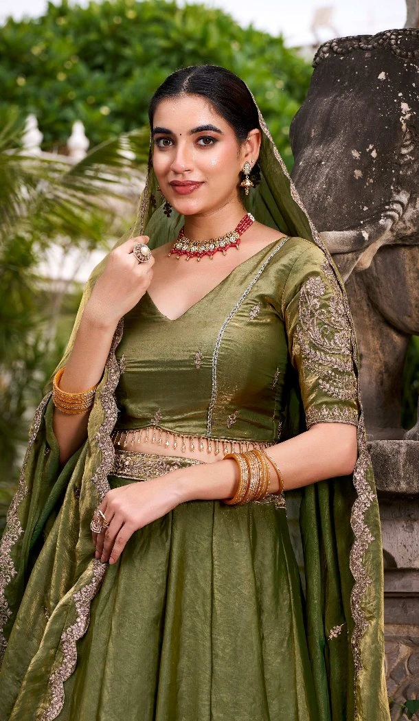 Women Sequence Work Mehendi Green Designer Lehenga Choli Fendi Silk - 13474213028