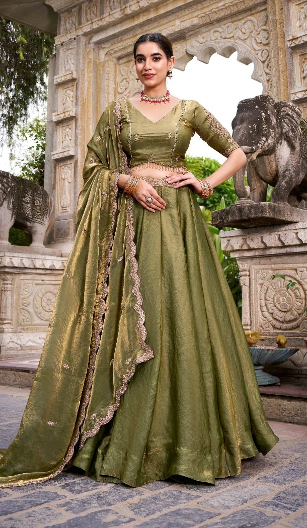 Women Sequence Work Mehendi Green Designer Lehenga Choli Fendi Silk - 13474213028
