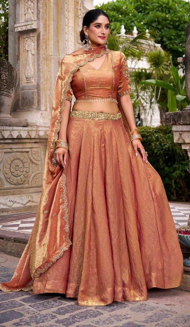 Women Rust Orange Sequence Work Designer Lehenga Choli Fendi Silk - 13474213029