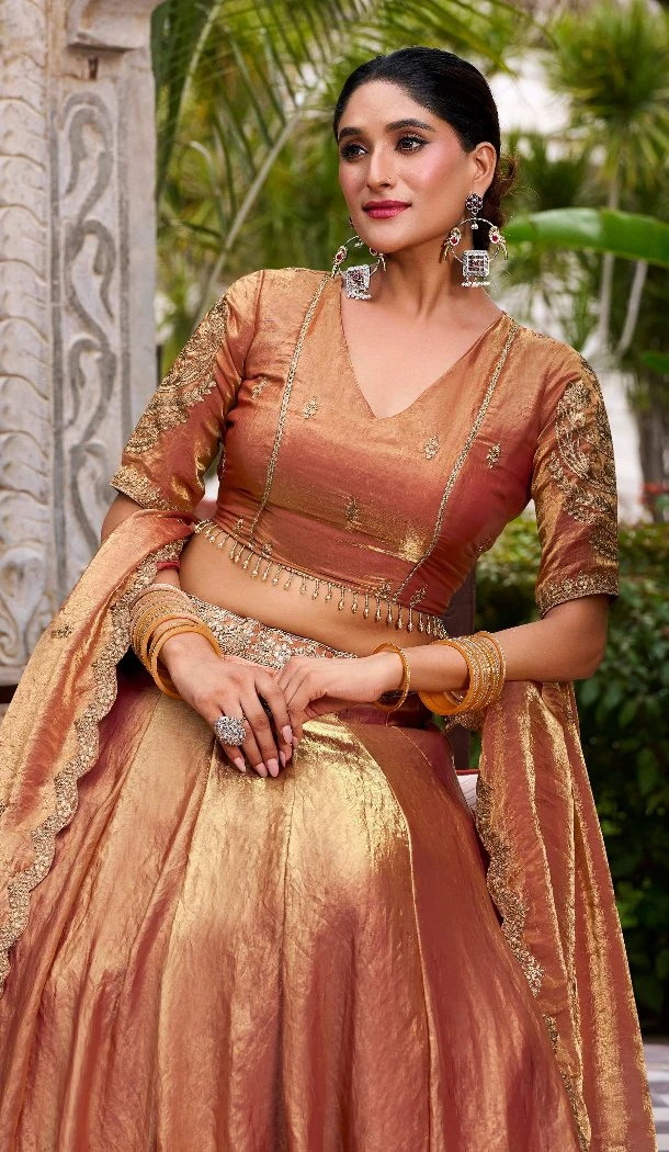 Women Rust Orange Sequence Work Designer Lehenga Choli Fendi Silk - 13474213029