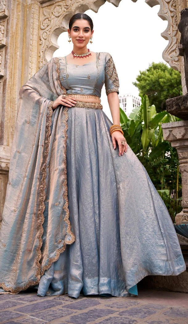 Women Fendi Silk Sky Blue Sequence Work Designer Lehenga Choli - 13474213030