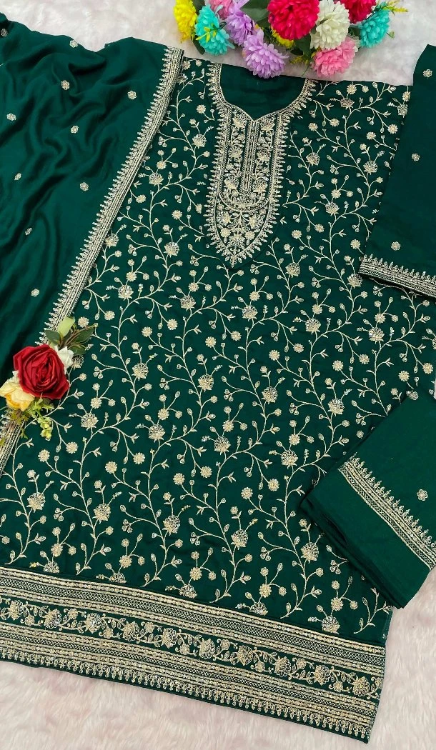 Women Embroidery Sequence Work Vichitra Palazzo Suit Bottle Green - 13476213036