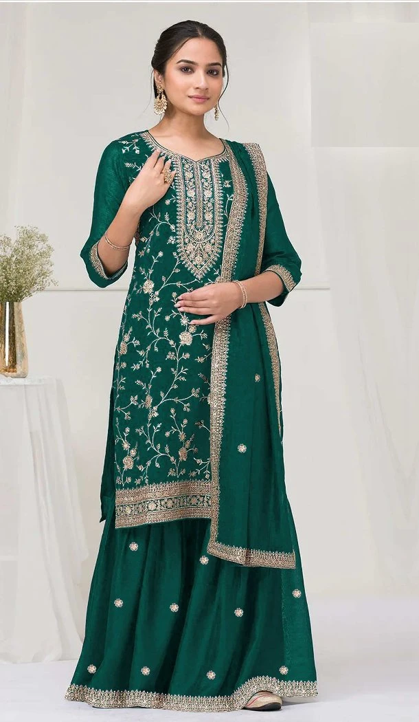 Women Embroidery Sequence Work Vichitra Palazzo Suit Bottle Green - 13476213036