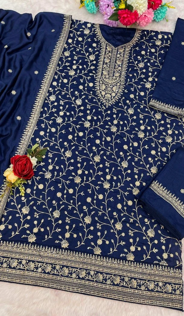 Women Vichitra Navy Blue Palazzo Suit Embroidery Sequence Work - 13476213037