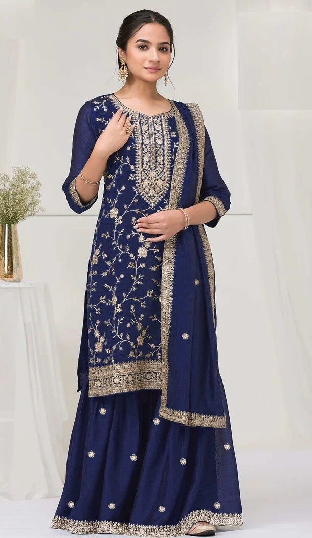 Women Vichitra Navy Blue Palazzo Suit Embroidery Sequence Work - 13476213037
